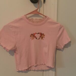 Pink Heart Embroidered Crop Top